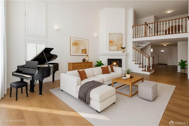 a living room with furniture a fireplace and a chandelier