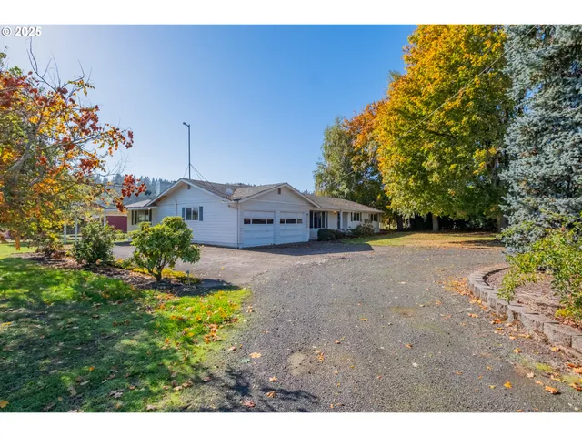 a view of a house with a yard and potted plants