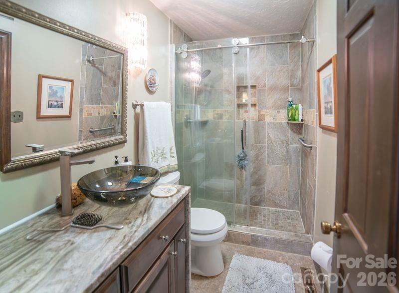 40 Old Field Road Taylorsville, NC 28681 - Photo 21 of 30 a bathroom with a granite countertop sink a toilet a mirror and shower
