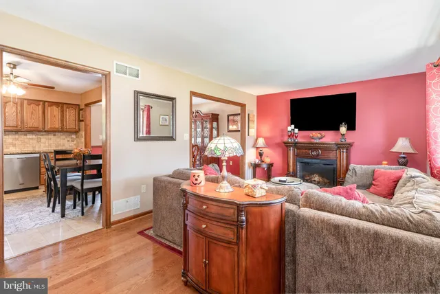 a living room with fireplace furniture and a flat screen tv