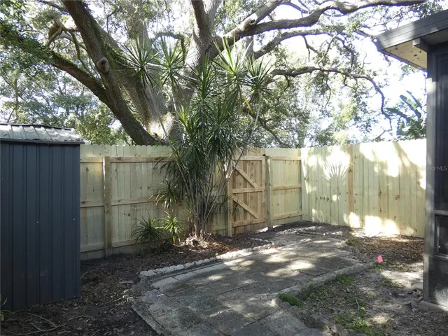 a view of a tree in the backyard of a house