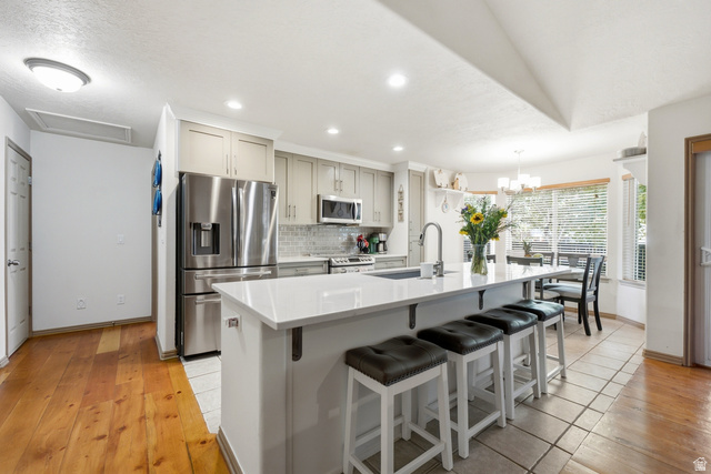 5196 Rodeo Circle Oakley, UT 84055 - Photo 15 of 57 Kitchen featuring a central island with countertop seating, stainless steel appliances, light-toned cabinetry, a subway tile backsplash, and recessed lighting