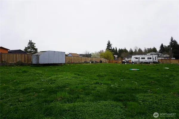 a view of a park with large trees