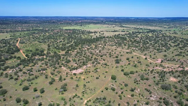 an aerial view of residential houses with outdoor space and trees