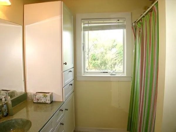 a bathroom with a shower and a sink