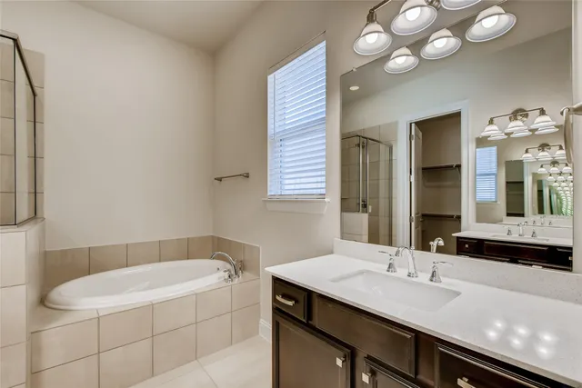 a bathroom with a bathtub sink and mirror