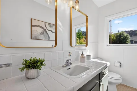 a bathroom with a sink mirror and toilet