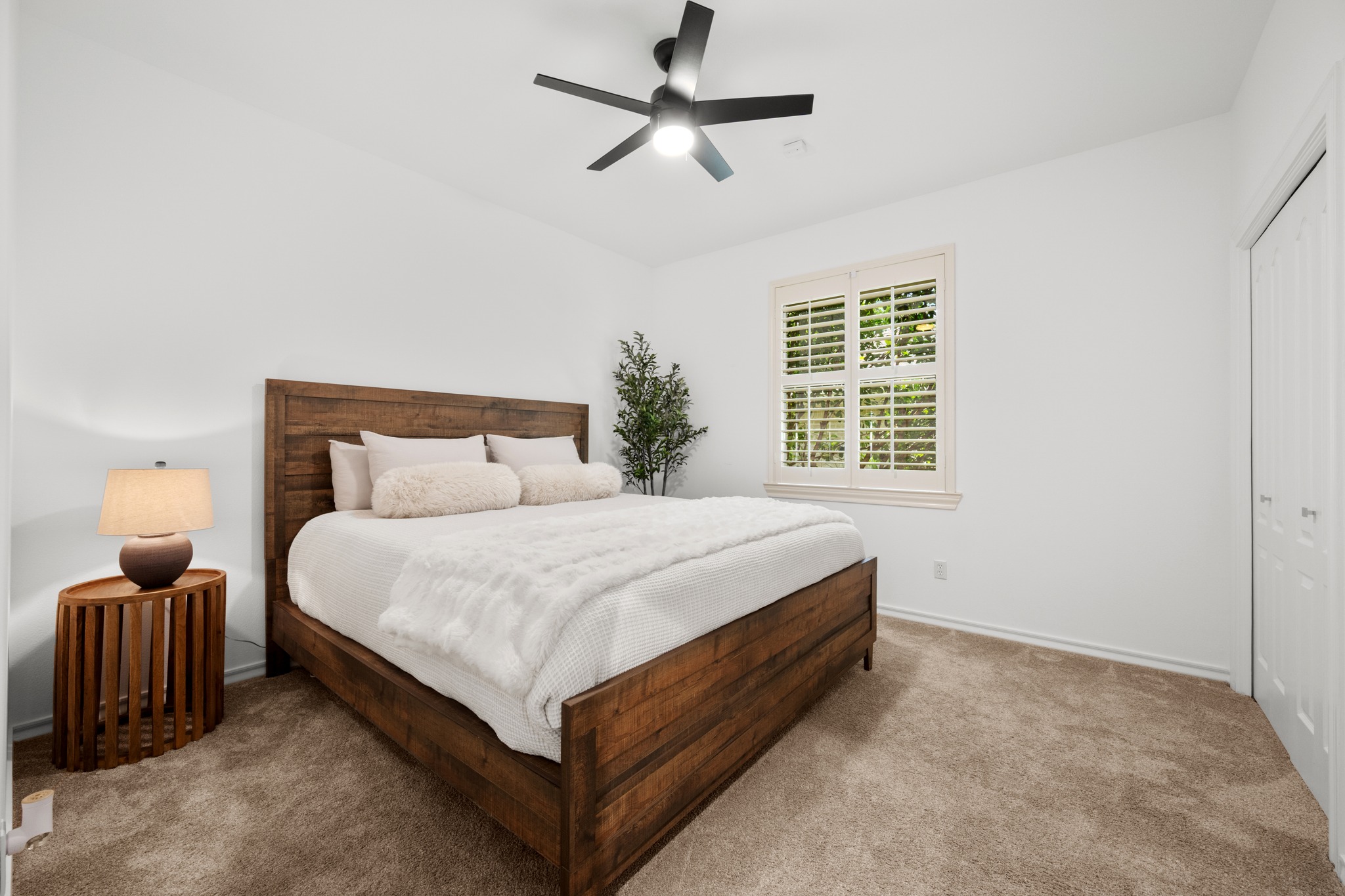 30115 Sawgrass Trail Georgetown, TX 78628 - Photo 13 of 37 A tranquil bedroom setting features plush carpeting, elegant window shutters, and a stylish ceiling fan for comfort.