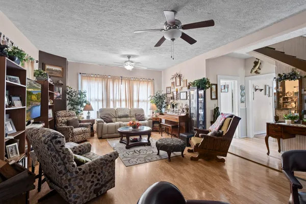 a living room with furniture or couch and a ceiling fan