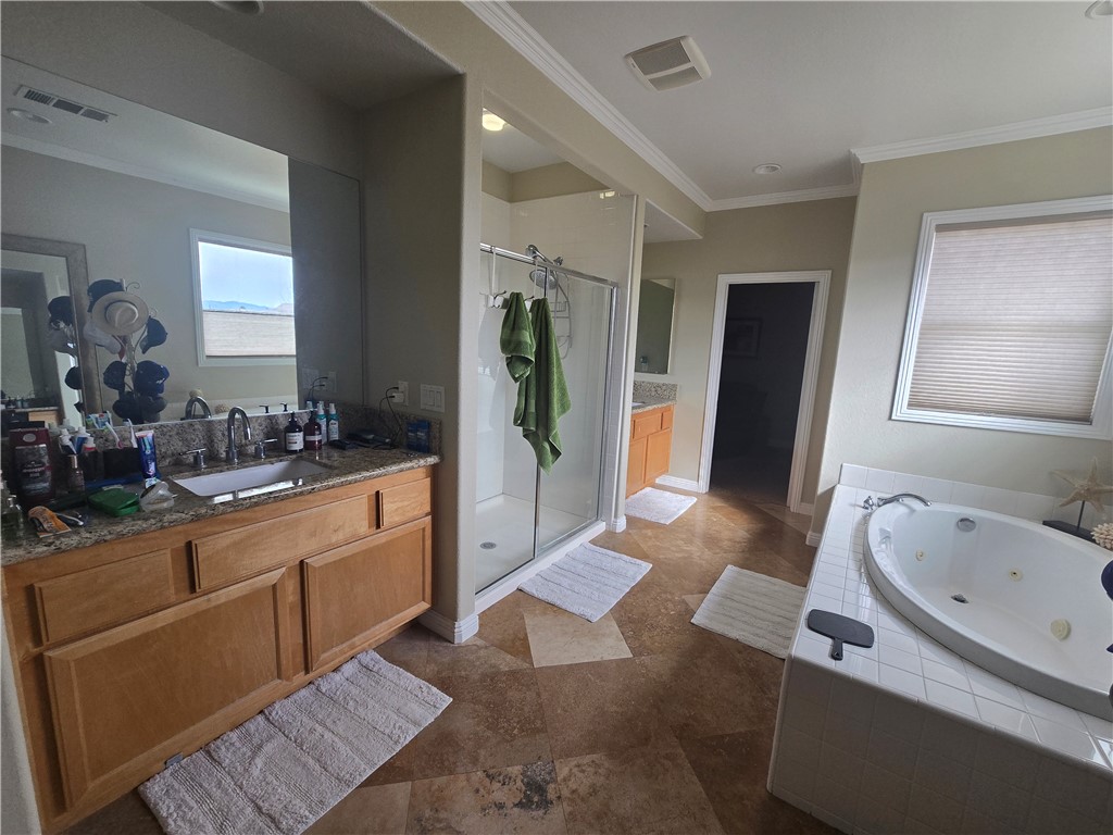 41740 Firenze Street Lancaster, CA 93536 - Photo 36 of 53 a spacious bathroom with a granite countertop tub sink and mirror