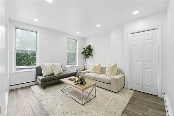 a living room with furniture and a potted plant