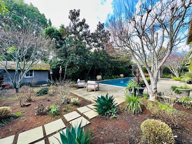 a view of a chair and table in the garden