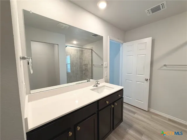 a bathroom with a sink a mirror and a shower