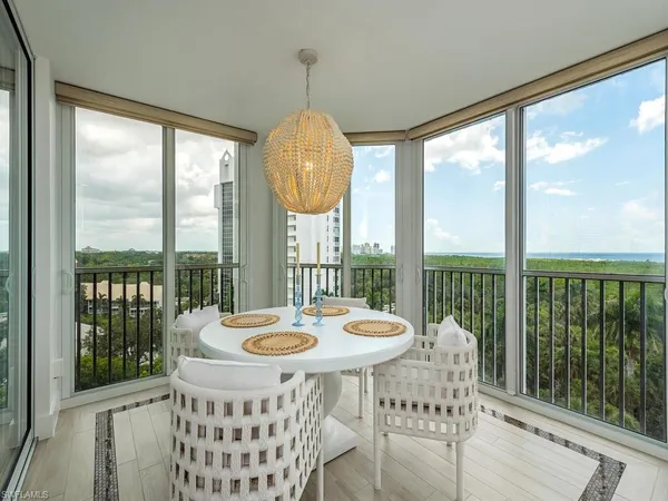 a view of a dining room with furniture window and outside view