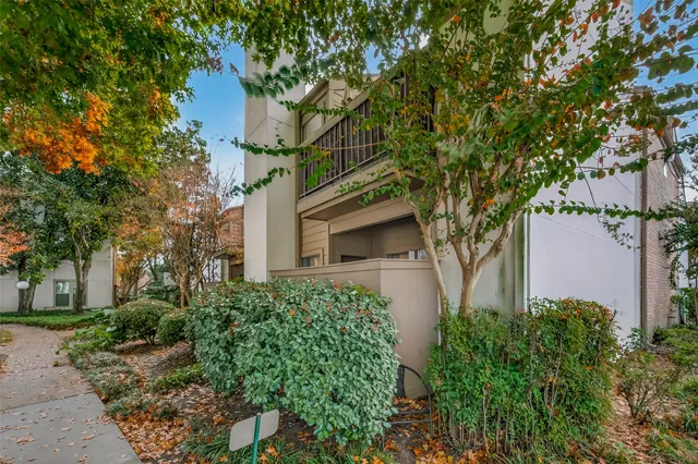 a view of a backyard with table and chairs potted plants and large tree