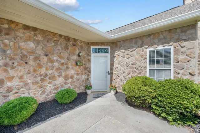 a view of front door of house with potted plants