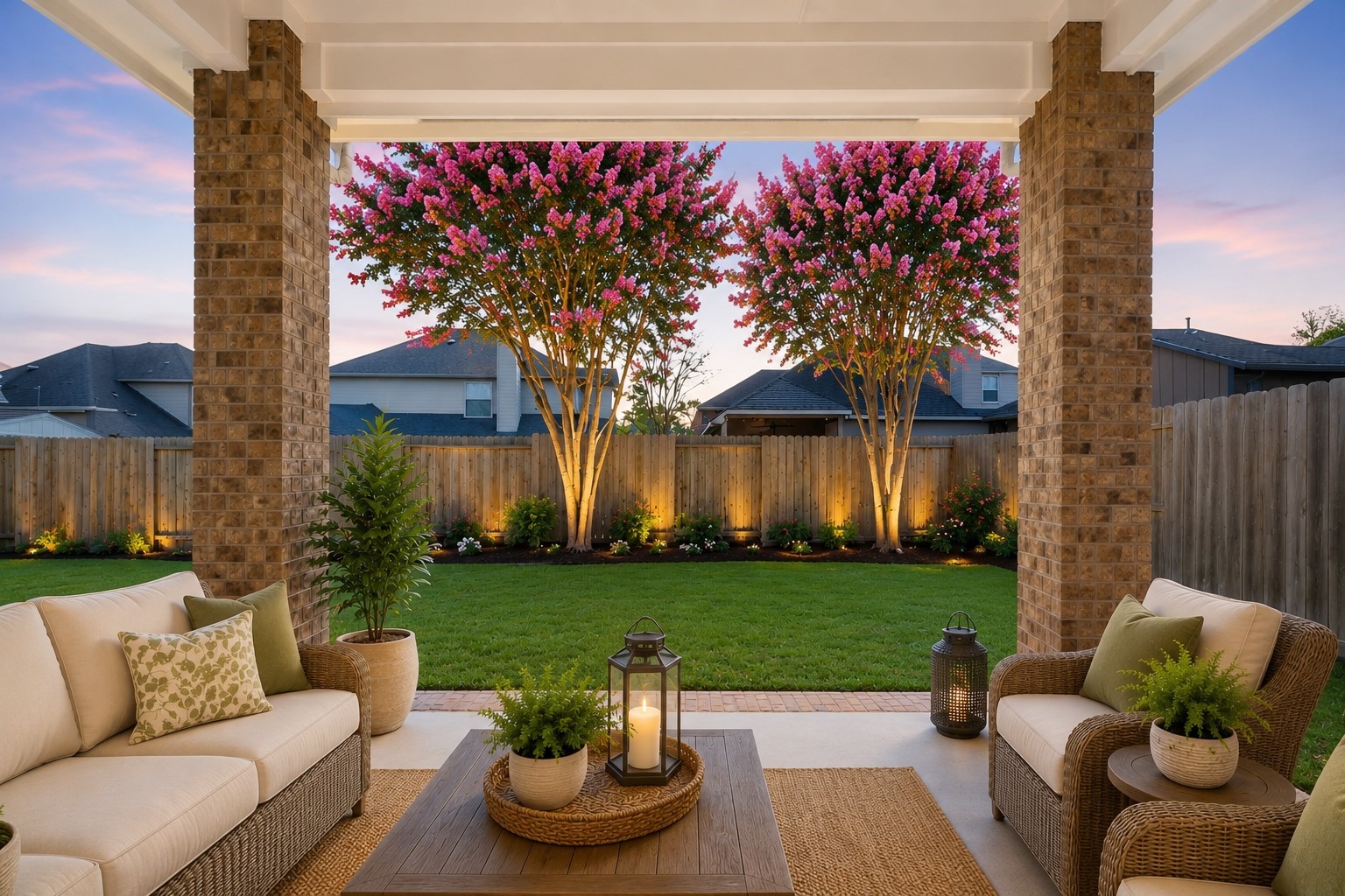 27515 Chris Ridge Court Spring, TX 77386 - Photo 32 of 35 Backyard digitally enhanced to show how relaxing the space can be with the flowering crepe myrtles and patio furniture.