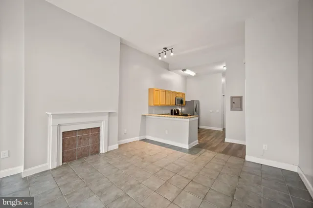 a view of a kitchen with a sink a dishwasher cabinets and a fireplace