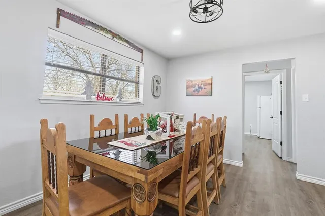a view of a dining room with furniture