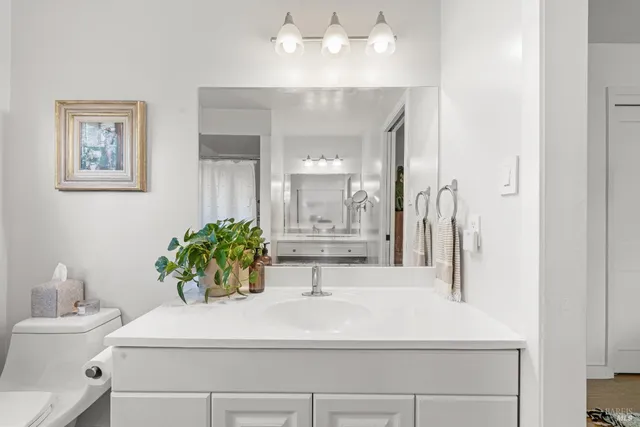 a bathroom with a sink a toilet and a mirror