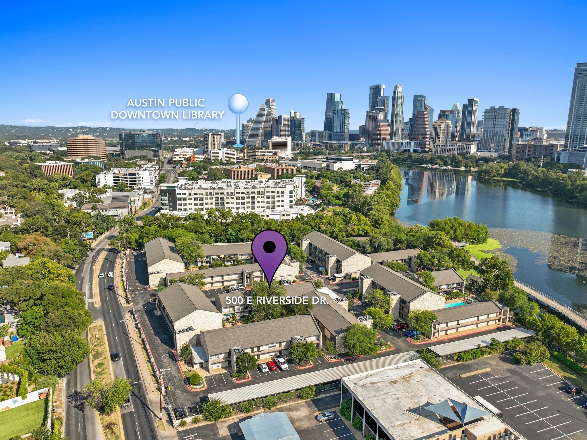 500 East Riverside Drive, Unit 126 Austin, TX 78704 - Photo 1 of 1 Drone / aerial view of a nearby Lady Bird Lake and skyline