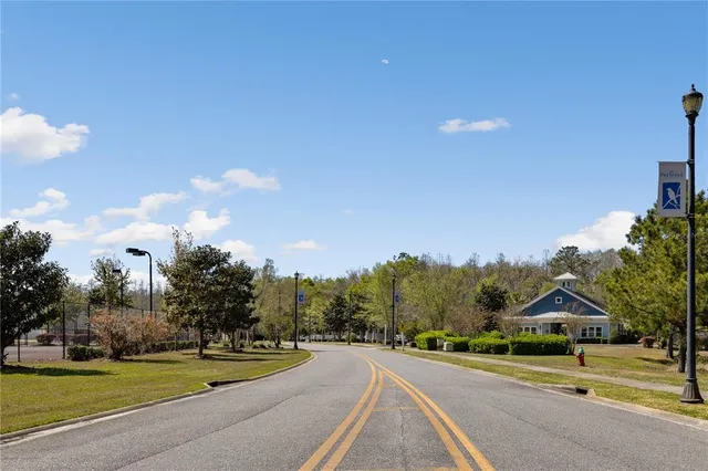 a view of a street with a houses in the background