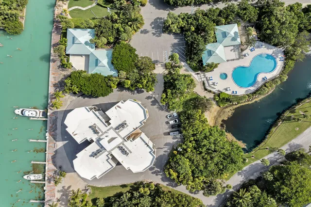 a view of a swimming pool with a yard