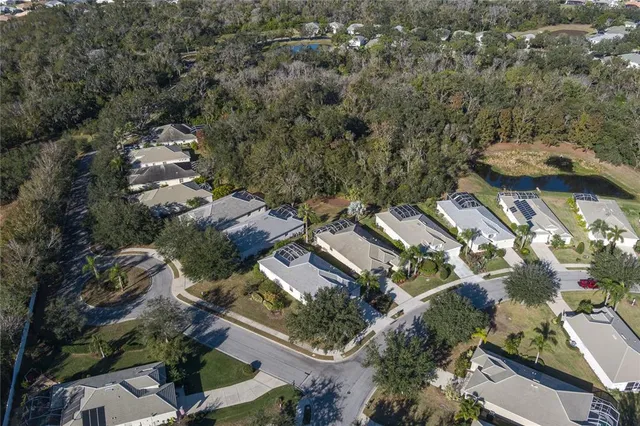 an aerial view of residential houses with outdoor space