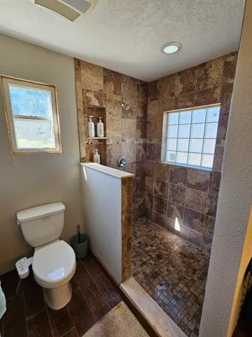 a bathroom with a toilet and a shower