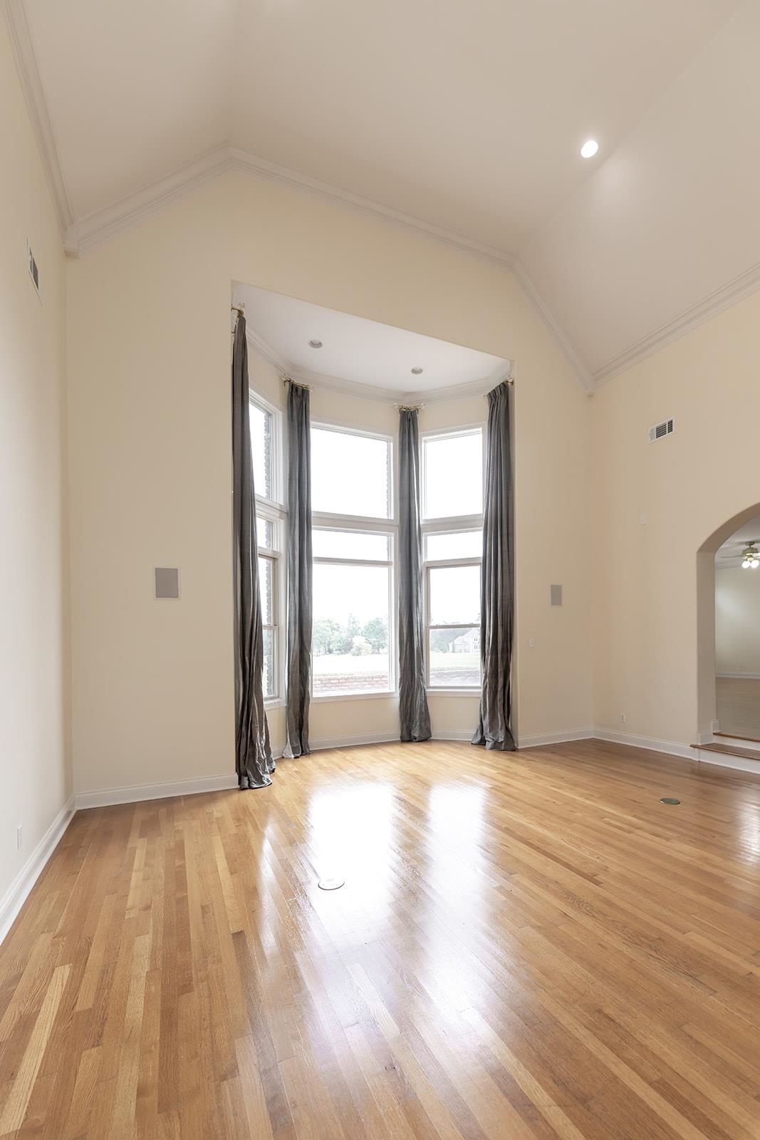 9390 Mayfield Road South Collierville, TN 38017 - Photo 22 of 40 Unfurnished living room with ornamental molding, vaulted ceiling, light wood-style flooring, and arched walkways