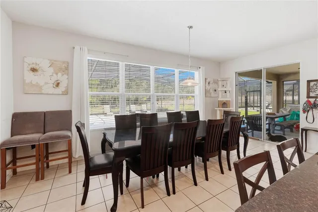 a view of a dining room with furniture and window
