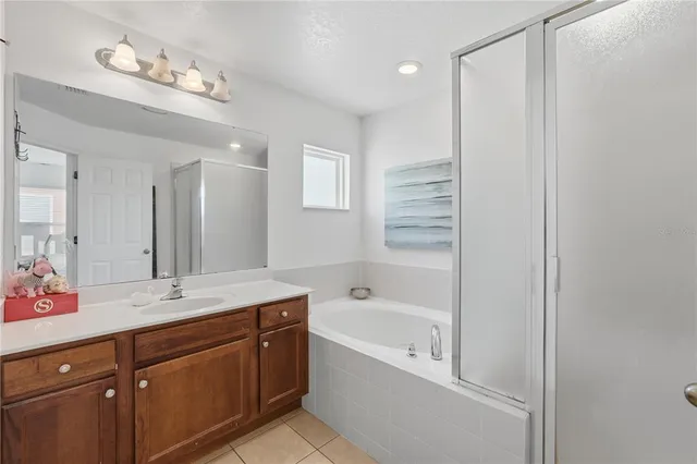 a bathroom with a tub sink and mirror