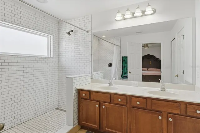 a bathroom with a sink a large mirror and a shower