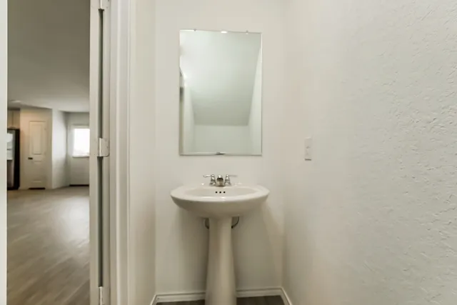 a bathroom with a sink and a mirror