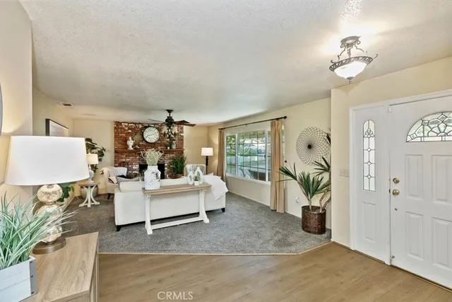 a living room with furniture a fireplace and a potted plant