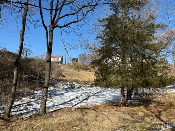 a view of a yard with wooden fence