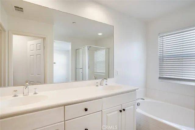 a bathroom with a sink tub double vanity and a mirror