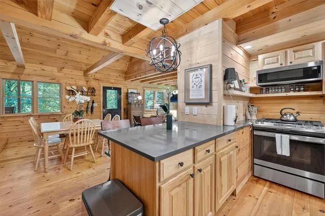 a view of a kitchen from a window