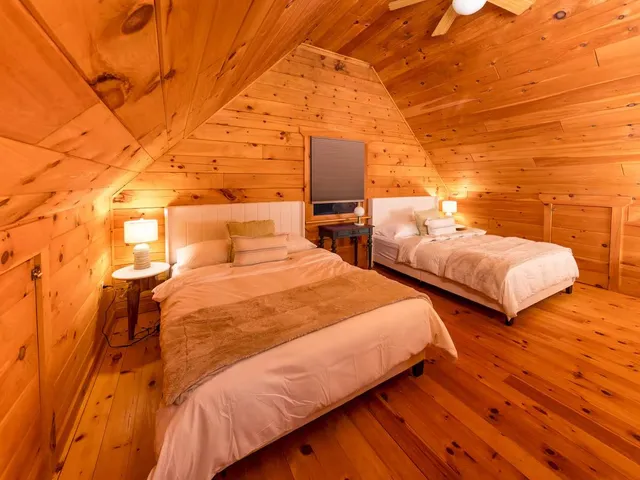 a bedroom with two beds and a chandelier