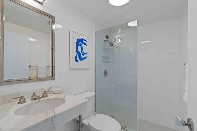 a bathroom with a sink mirror toilet and vanity