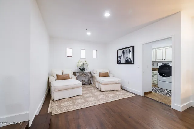 a view of parking garage with furniture