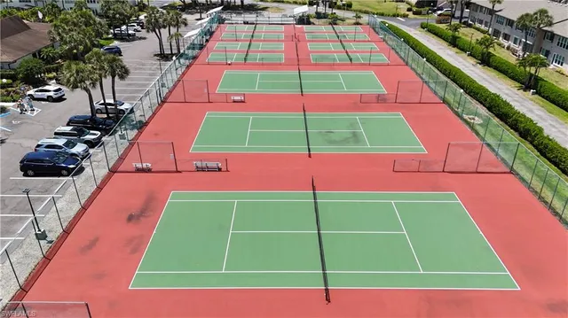 an aerial view of a swimming pool and outdoor space