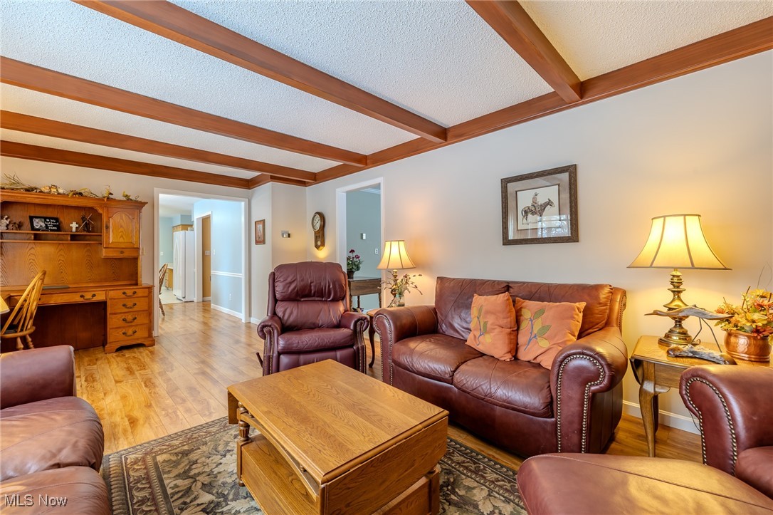 535 Barrington Ridge Road Painesville, OH 44077 - Photo 21 of 48 Living room featuring beamed ceiling, a textured ceiling, and light hardwood / wood-style floors