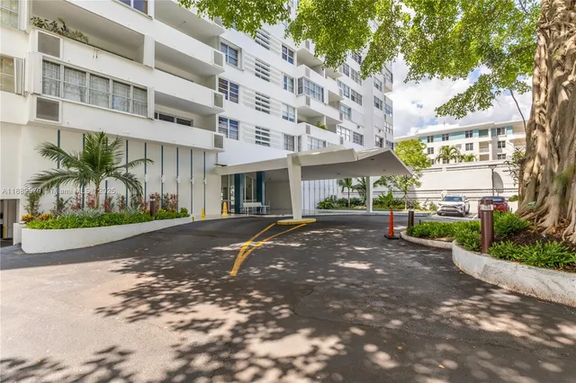 a view of a building with a street