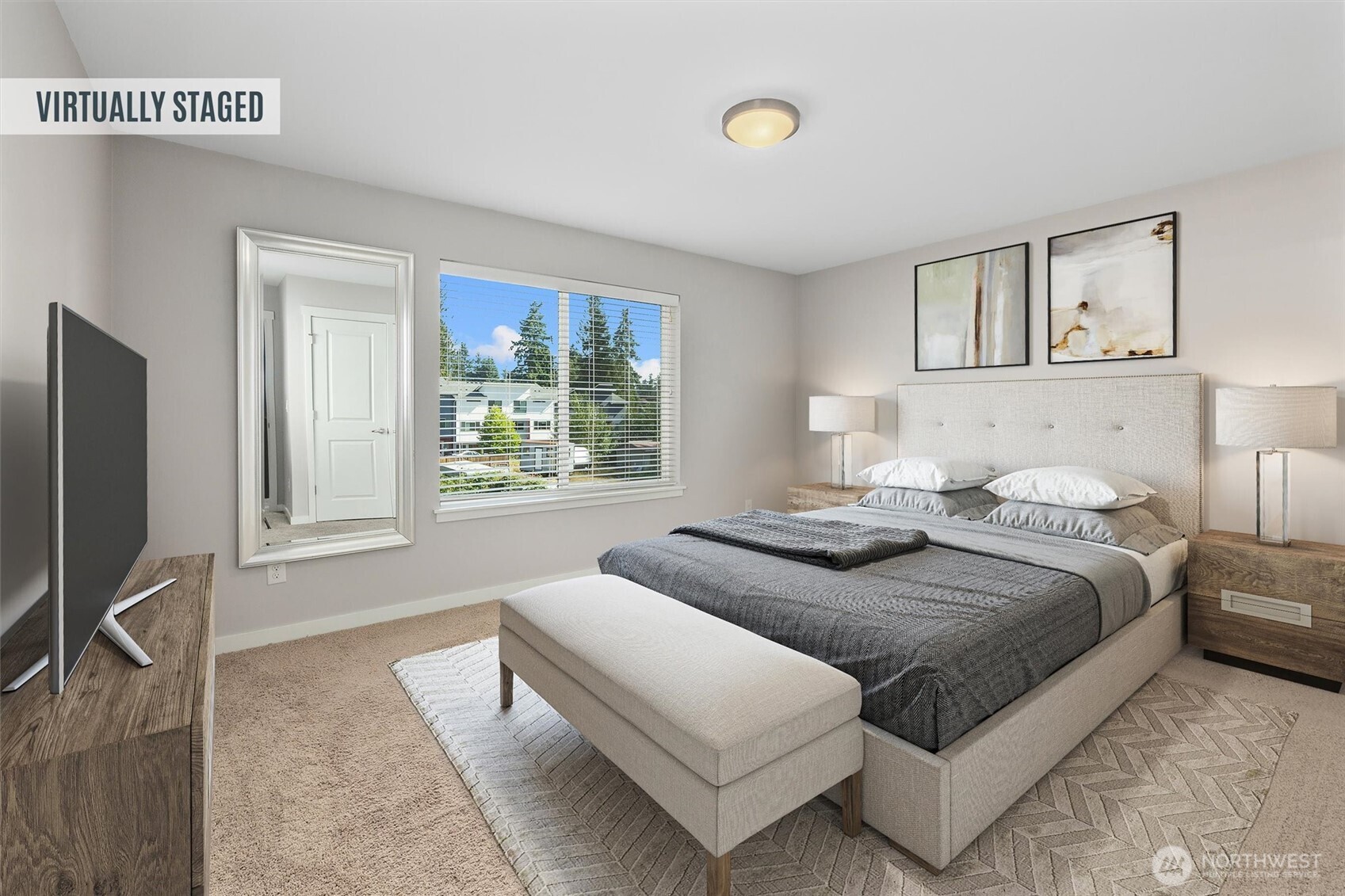 19403 7th Avenue West, Unit C1 Lynnwood, WA 98036 - Photo 24 of 40 a bedroom with a bed and a flat tv screen next to a window