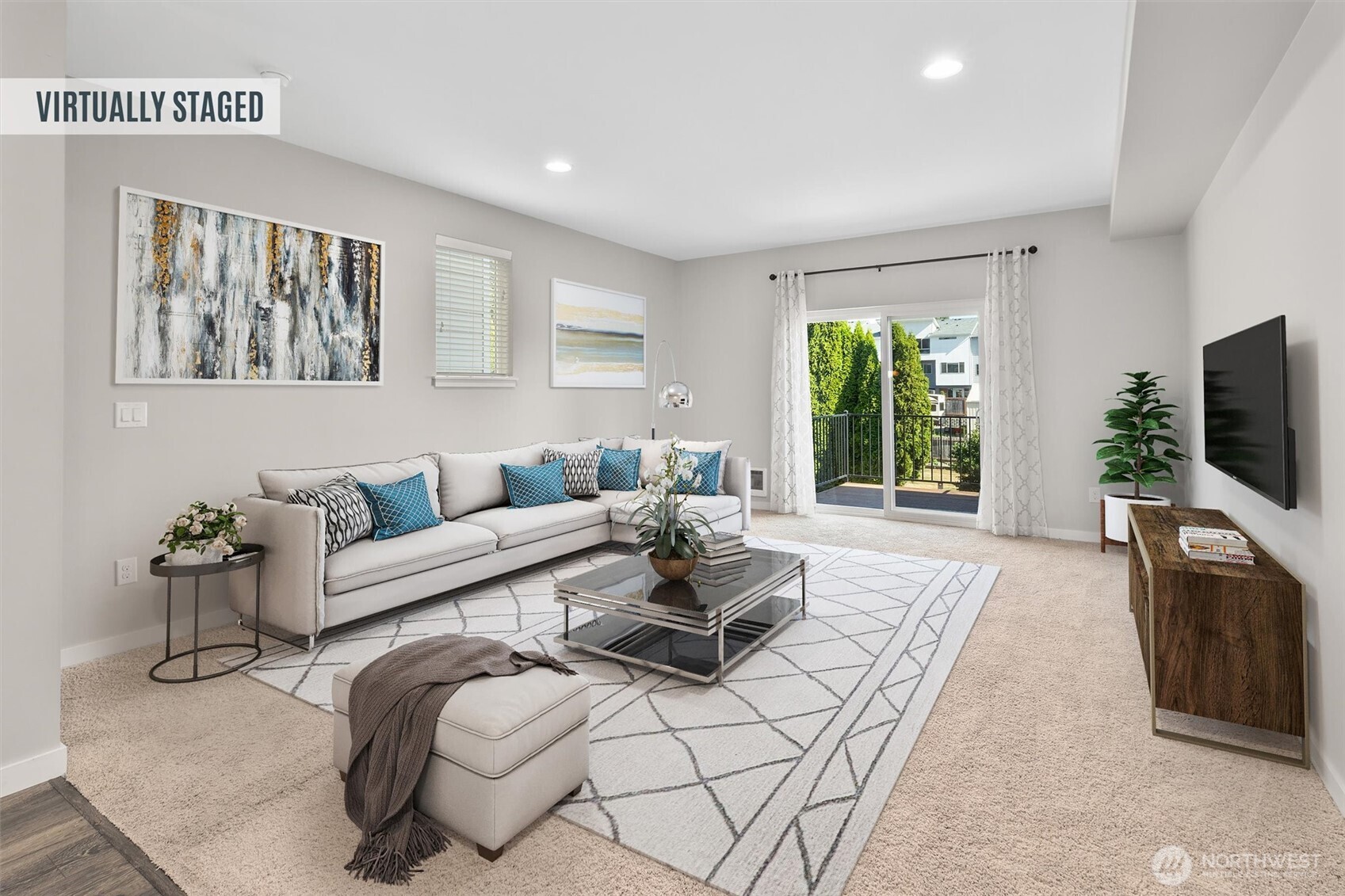 19403 7th Avenue West, Unit C1 Lynnwood, WA 98036 - Photo 6 of 40 a living room with furniture a flat screen tv and a floor to ceiling window
