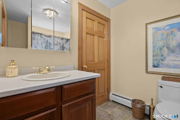 a bathroom with a sink a toilet and a mirror
