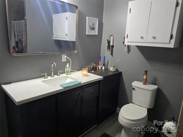 a bathroom with a granite countertop toilet sink and mirror
