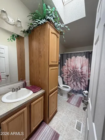 a bathroom with a granite countertop sink toilet and shower