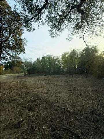 a view of a field with trees in background